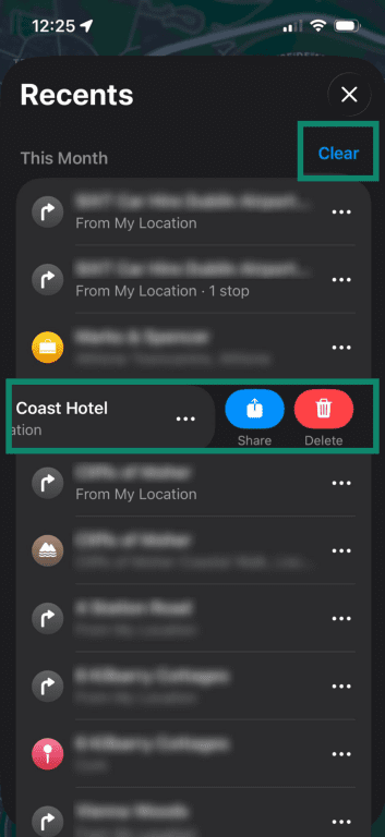 Apple Maps Recents panel with Clear option visible