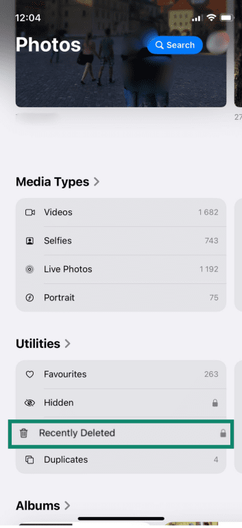 The Recently Deleted option in the iPhone Photos app.