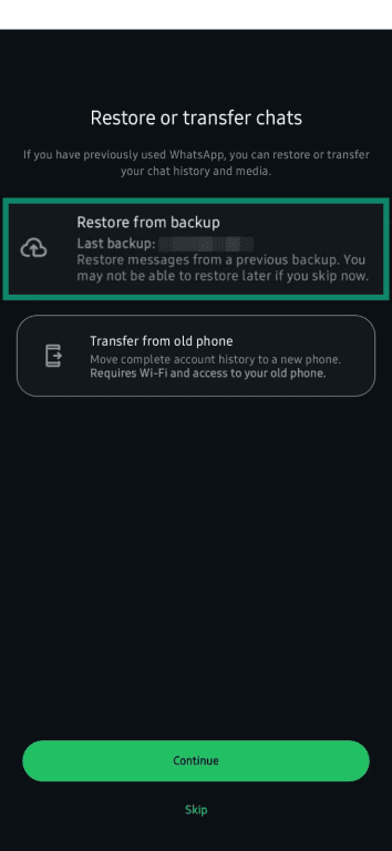 Restoring a WhatsApp account from a previous backup.