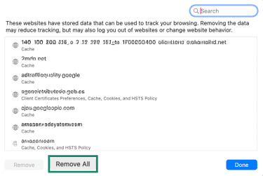 Safari Manage Website Data window with Remove All highlighted.