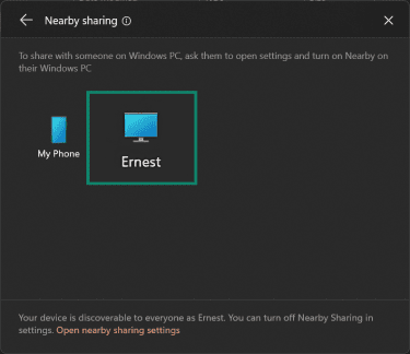 Receiving PC selected on Nearby sharing interface.