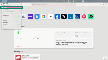 Safari browser settings menu.