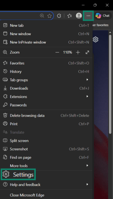 Microsoft Edge browser window showing the three-dot menu in the top-right corner, with the Settings option highlighted.