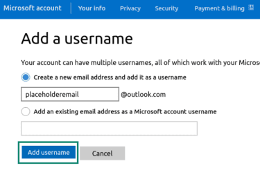Add a username page to create or add an email alias.