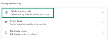 Privacy and security settings page highlighting the Delete browsing data option.