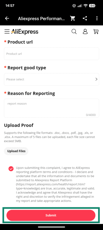 The AliExpress Report Store page, showing the Submit button.
