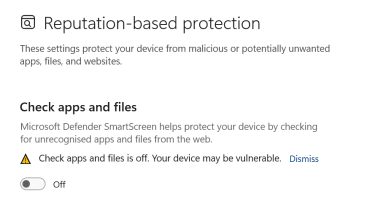 Reputation-based protection settings showing Check apps and files turned off.