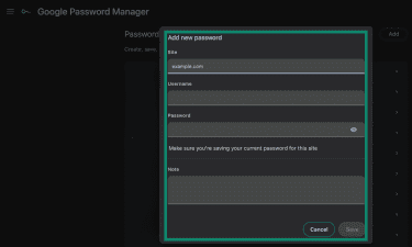 Adding a new entry in Google Password Manager in Chrome's Autofill settings.