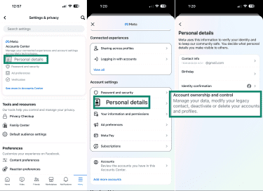 Personal details menu in Facebook's account settings menu.