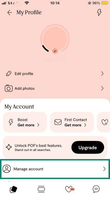 Selecting "Manage account" from the primary profile menu in the Plenty of Fish iOS app.