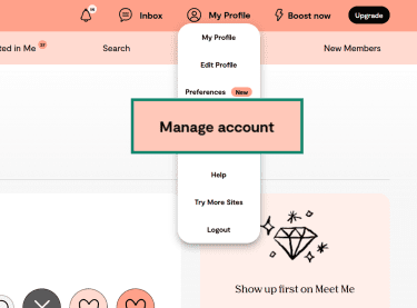 Navigating to "Manage account" via the Plenty of Fish desktop profile dropdown menu.