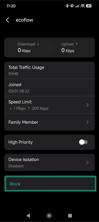 TP-Link mobile app device details page with the Block option highlighted.