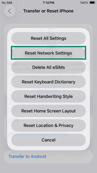 iPhone reset menu with Reset Network Settings highlighted.