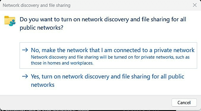 The pop-up window asking if the user wants to enable network discovery and file sharing.