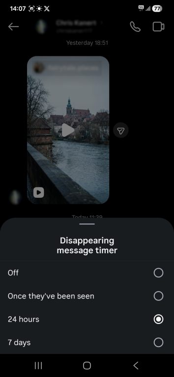 Instagram disappearing message timer options on the Android mobile app.