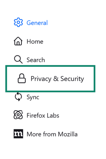 Firefox Settings sidebar with Privacy & Security highlighted.