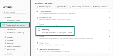 Microsoft Edge Settings with Privacy, search, and services selected in the left navigation and Security highlighted in the main panel.
