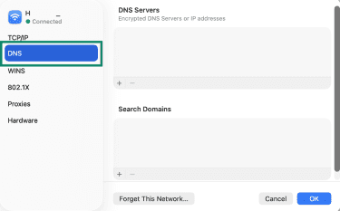 macOS network details window with the DNS tab selected.
