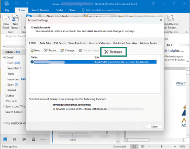 Removing an account in classic Outlook on Windows.