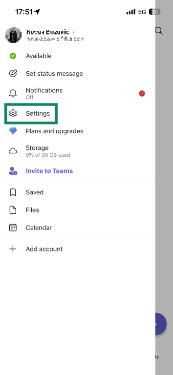 Microsoft Teams' mobile app with a main menu and Settings highlighted.