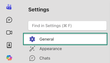 The Settings tab in Microsoft Teams with a highlight over the General option.
