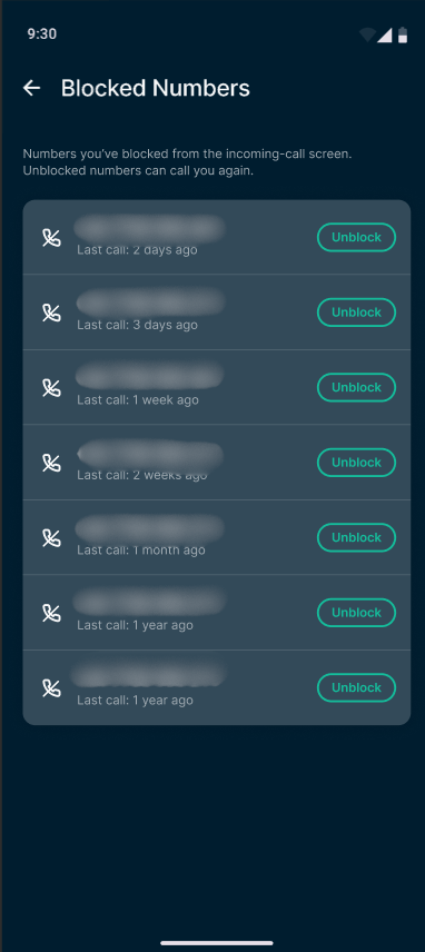 Identity Defender Blocked Numbers screen showing blocked callers, their last call times, and options to unblock them.