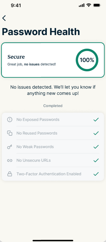 Password Health screen in the revamped ExpressKeys browser extension showing a 100% score with no security issues detected.