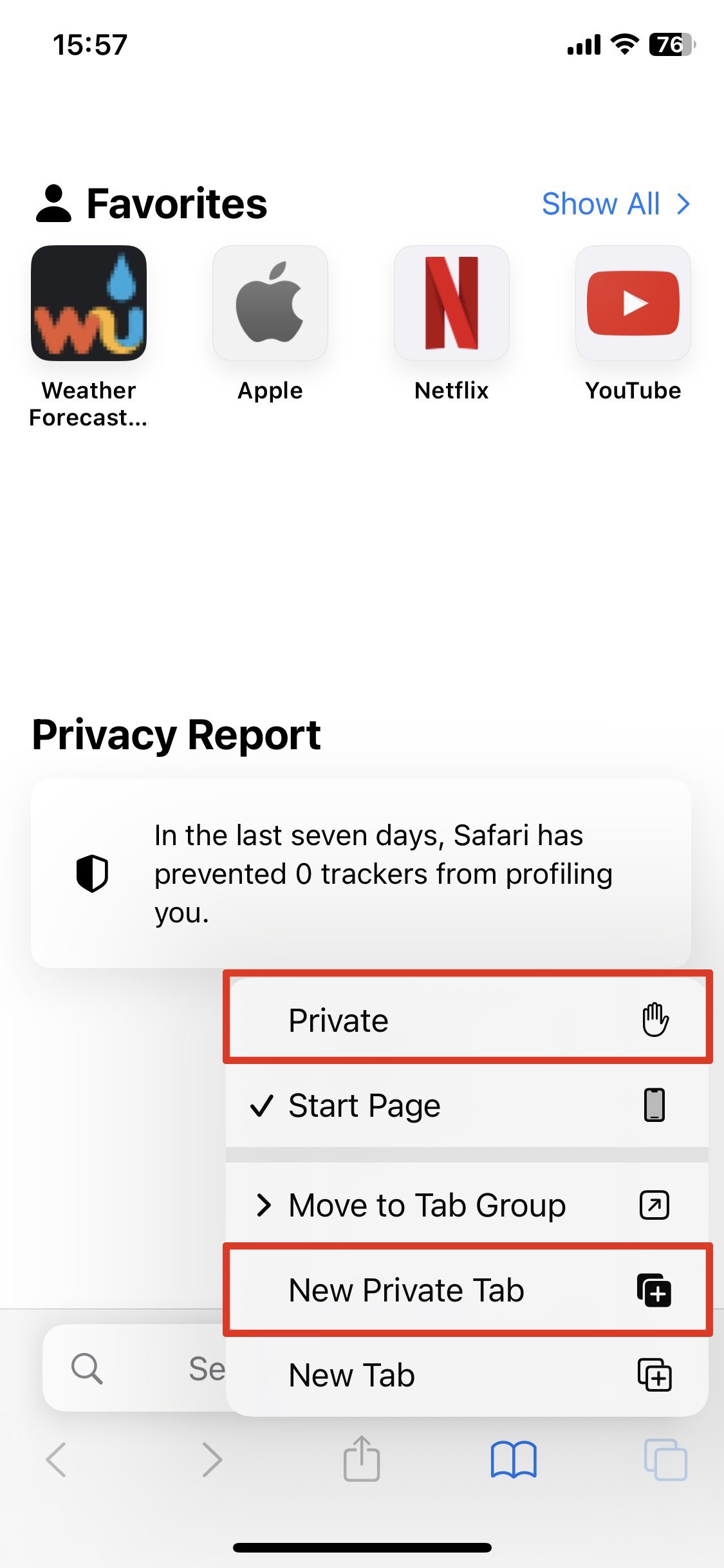 Screenshot: Kurzbefehl für privates Surfen auf dem iPhone mit Safari