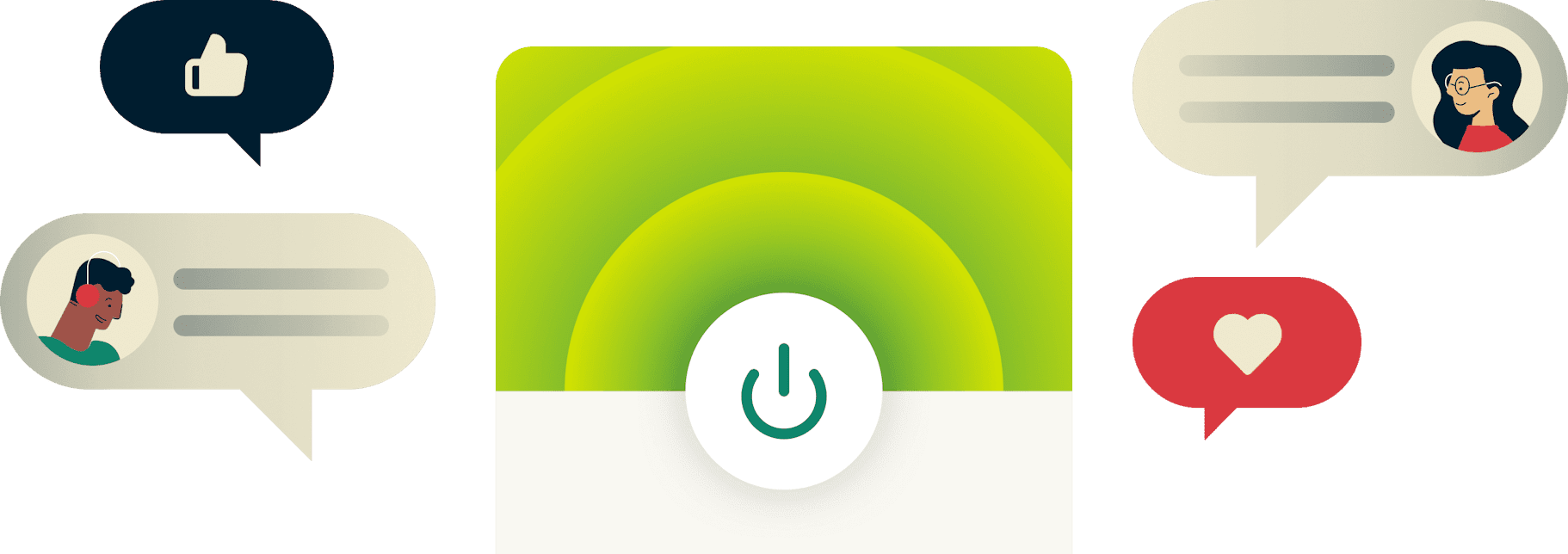 Écran d'ExpressVPN en fonctionnement entouré d'avis d'utilisateurs.