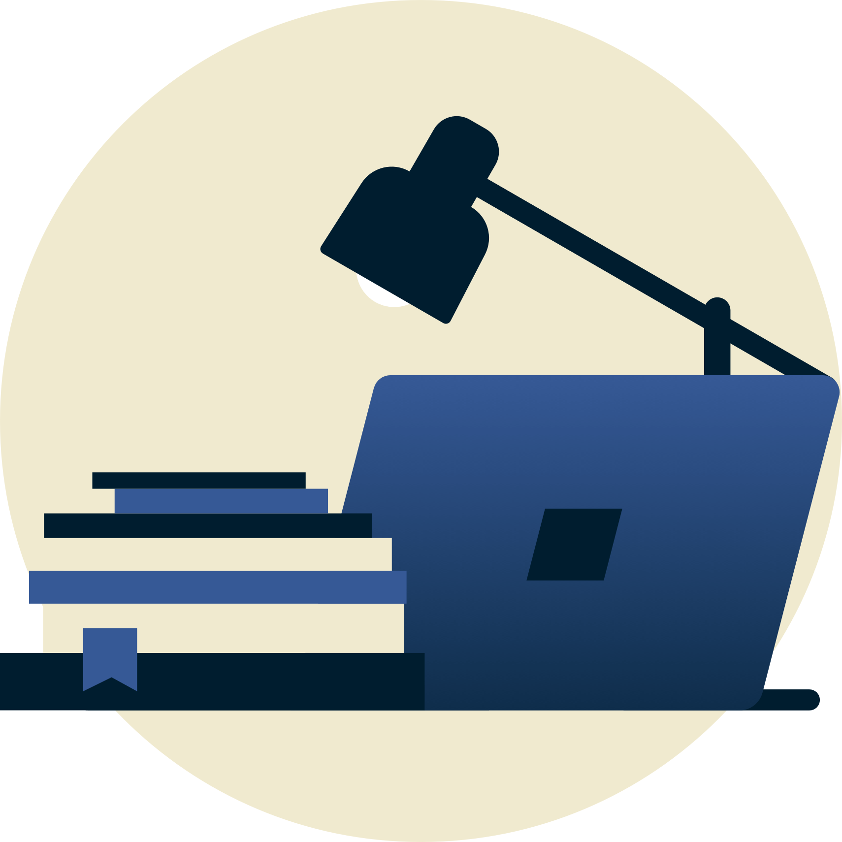 教科書の上にランプを置き、ノートパソコンを背にしています。